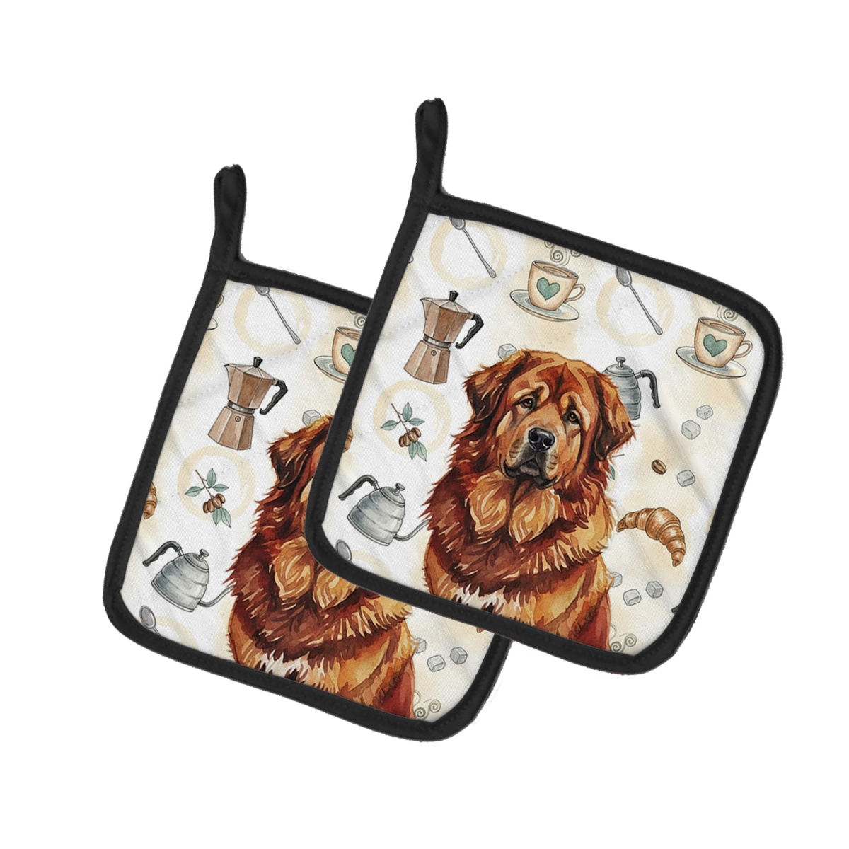 Picture of Carolines Treasures WDK7636PTHD 7.5 x 7.5 in. Red Gold Tibetan Mastiff Coffee Bar Pair of Pot Holders