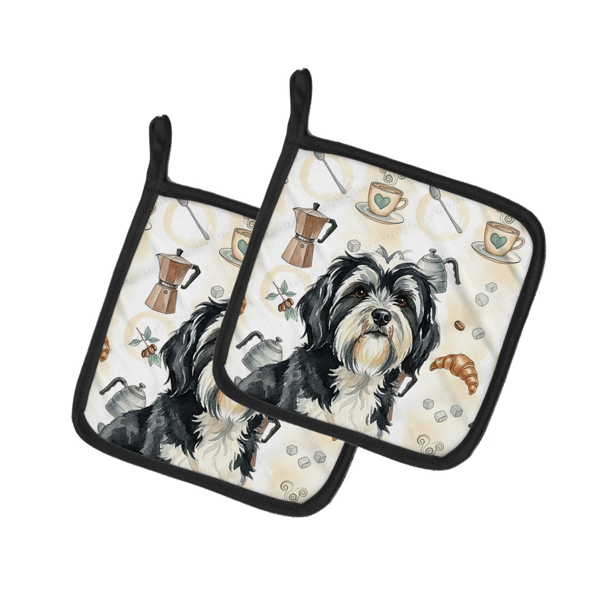 Picture of Carolines Treasures WDK7644PTHD 7.5 x 7.5 in. Black & White Tibetan Terrier Coffee Bar Pair of Pot Holders
