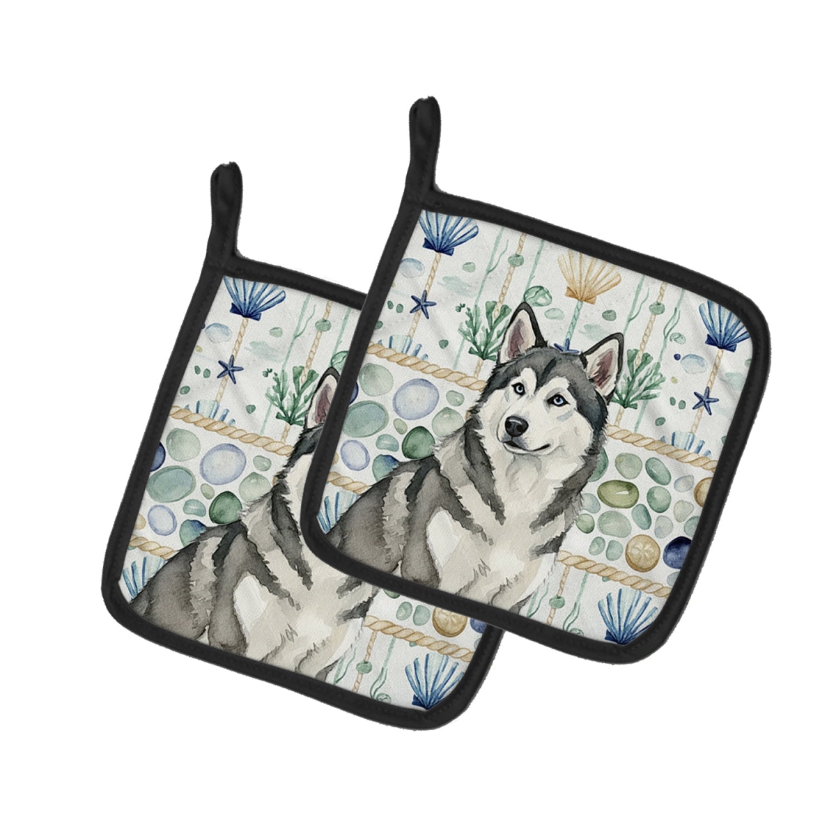 Picture of Carolines Treasures WDK6874PTHD 7.5 x 7.5 in. Gray & White Alaskan Malamute Coastal Sea Glass Pair of Pot Holders