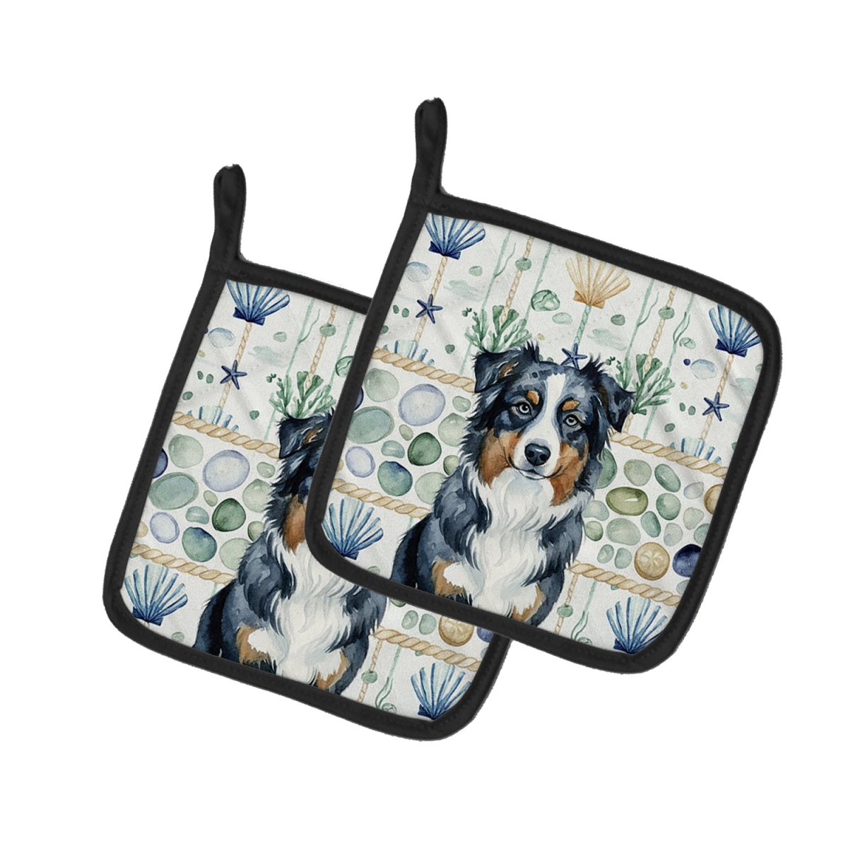 Picture of Carolines Treasures WDK6889PTHD 7.5 x 7.5 in. Black Australian Shepherd Coastal Sea Glass Pair of Pot Holders