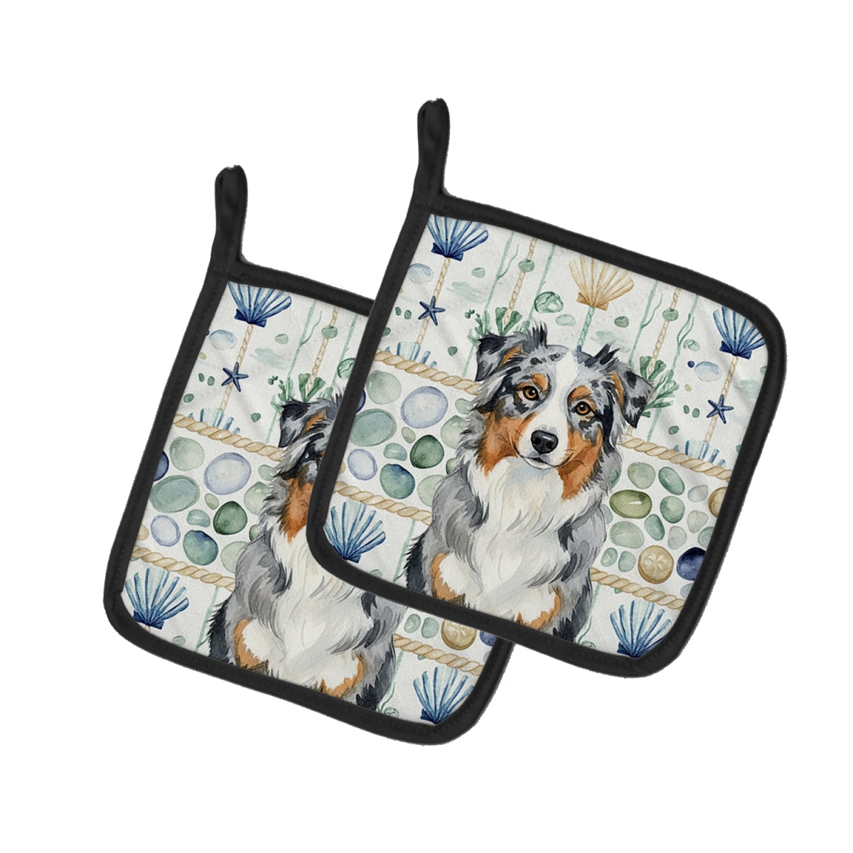 Picture of Carolines Treasures WDK6890PTHD 7.5 x 7.5 in. Blue Merle Australian Shepherd Coastal Sea Glass Pair of Pot Holders