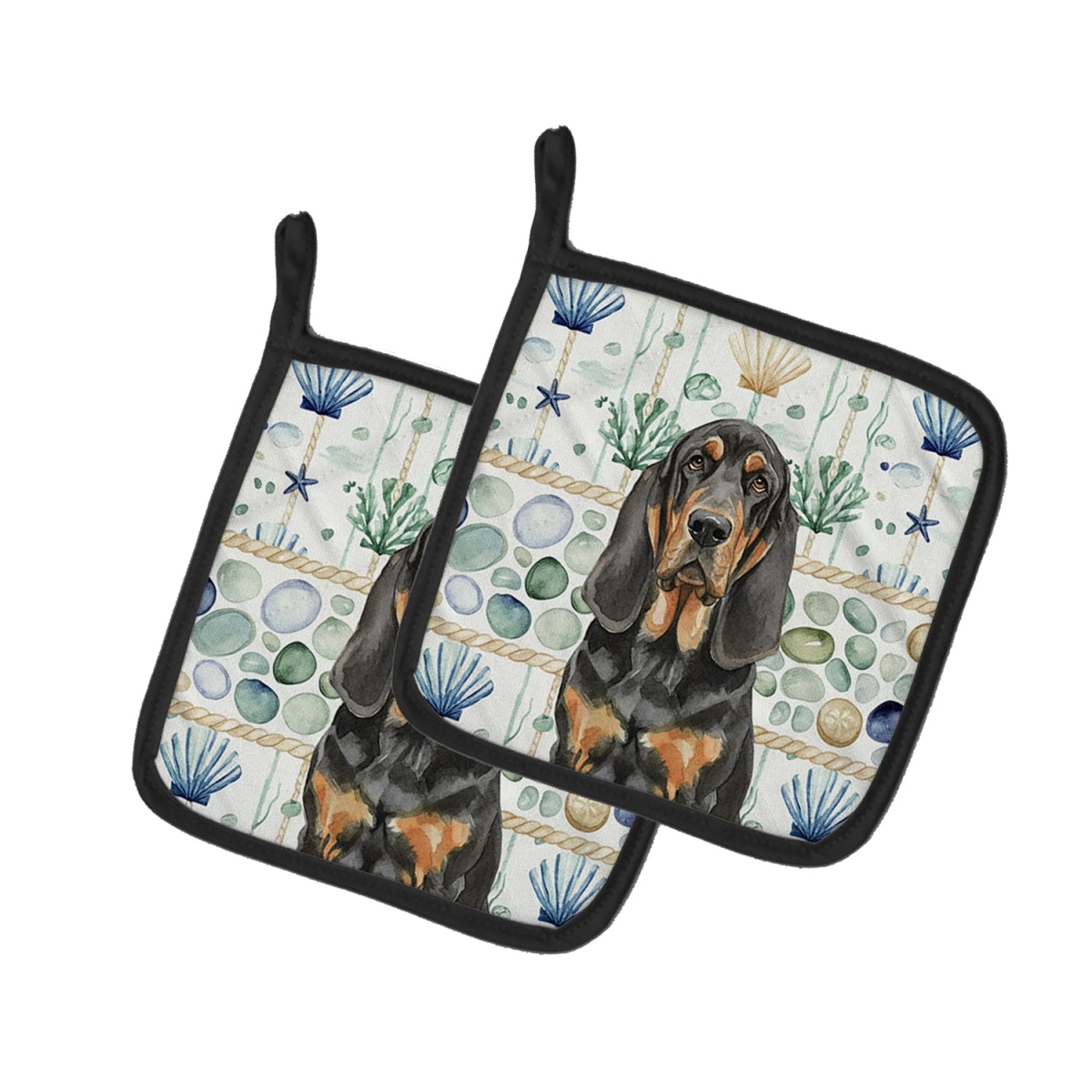 Picture of Carolines Treasures WDK6917PTHD 7.5 x 7.5 in. Black & Tan Bloodhound Coastal Sea Glass Pair of Pot Holders