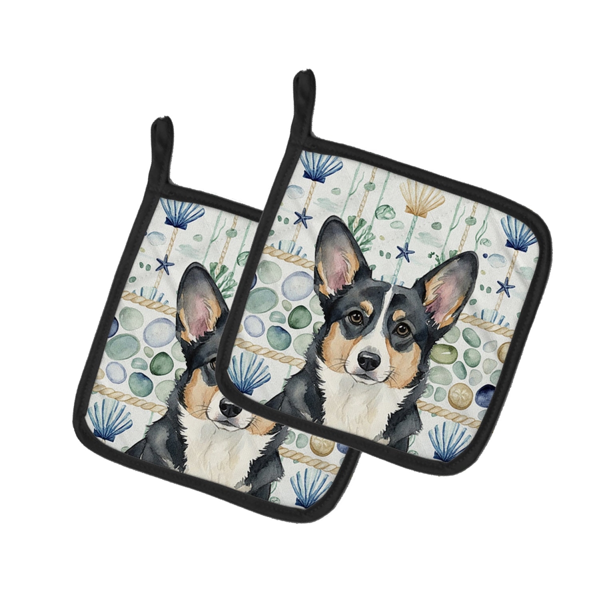 Picture of Carolines Treasures WDK6958PTHD 7.5 x 7.5 in. Black & White Cardigan Welsh Corgi Coastal Sea Glass Pair of Pot Holders