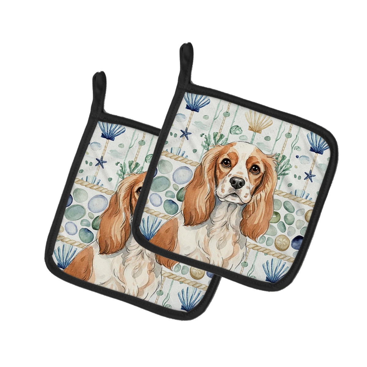 Picture of Carolines Treasures WDK6963PTHD 7.5 x 7.5 in. Blenheim Cavalier Spaniel Coastal Sea Glass Pair of Pot Holders