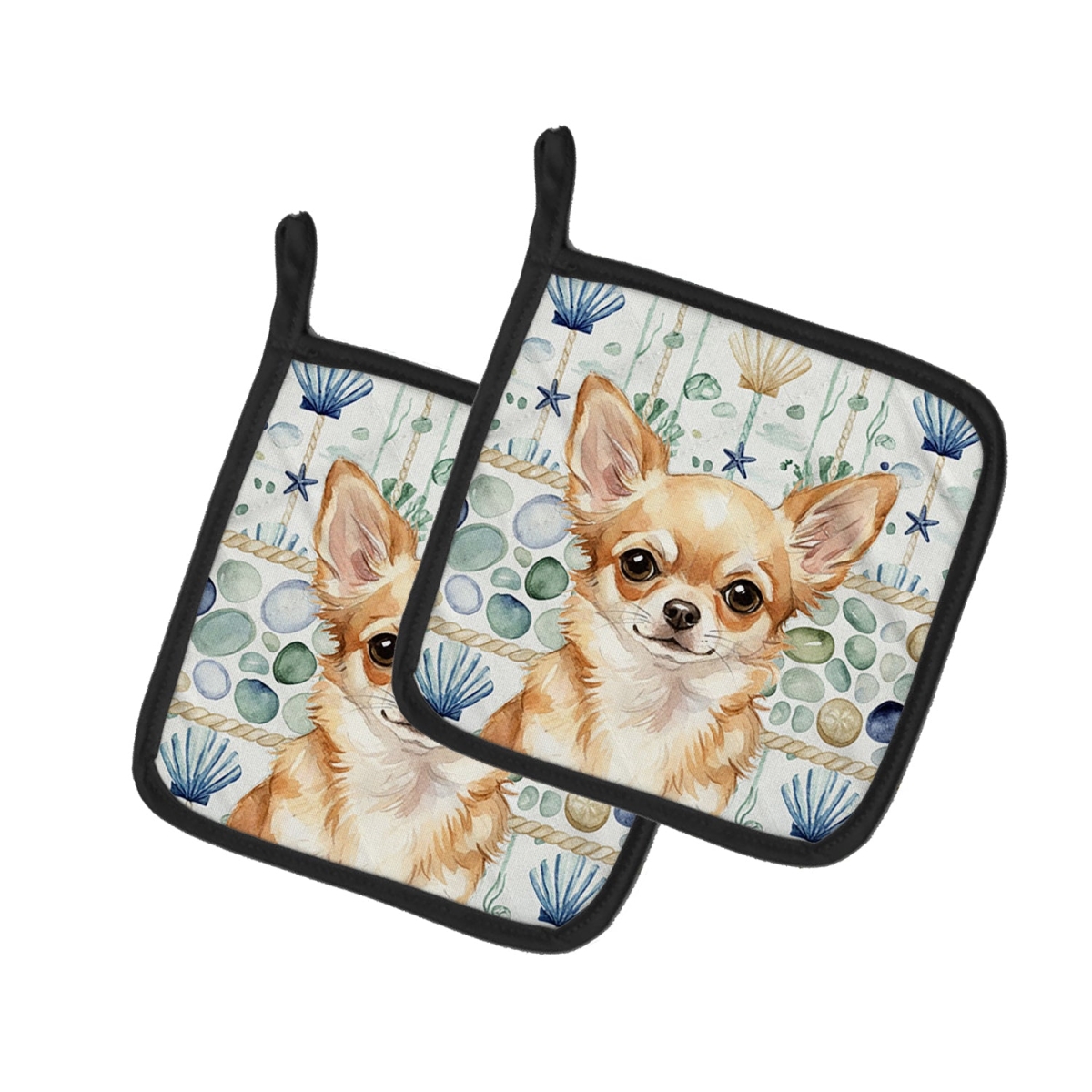 Picture of Carolines Treasures WDK6971PTHD 7.5 x 7.5 in. Fawn Chihuahua Coastal Sea Glass Pair of Pot Holders