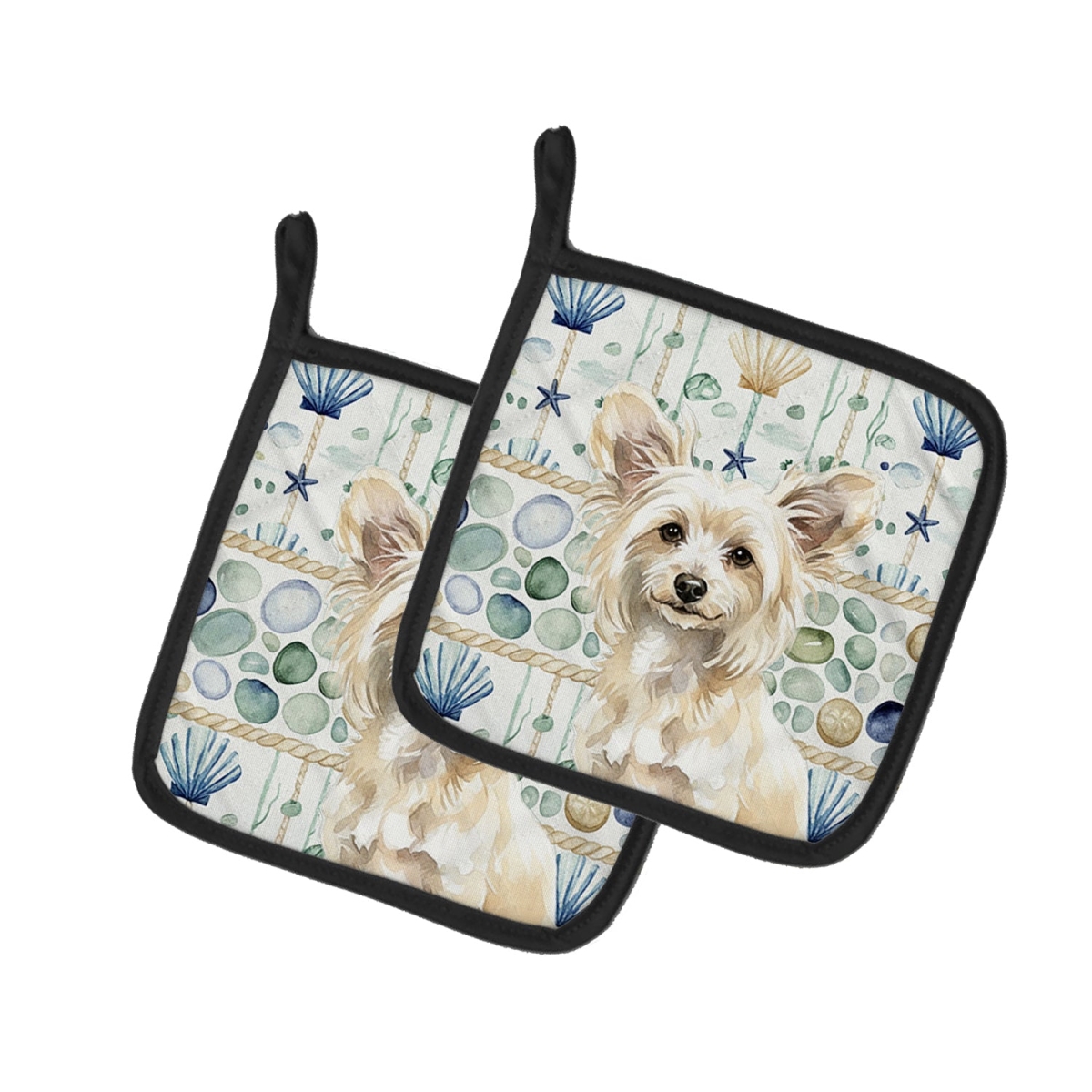 Picture of Carolines Treasures WDK6976PTHD 7.5 x 7.5 in. Powderpuff Chinese Crested Coastal Sea Glass Pair of Pot Holders