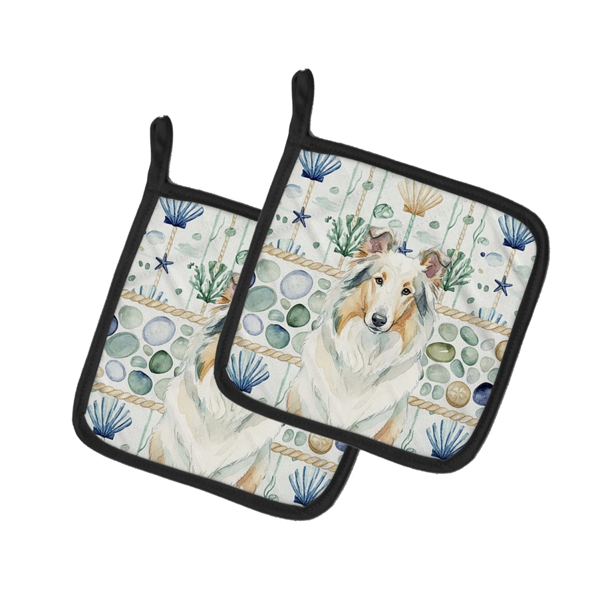 Picture of Carolines Treasures WDK6988PTHD 7.5 x 7.5 in. White Collie Coastal Sea Glass Pair of Pot Holders