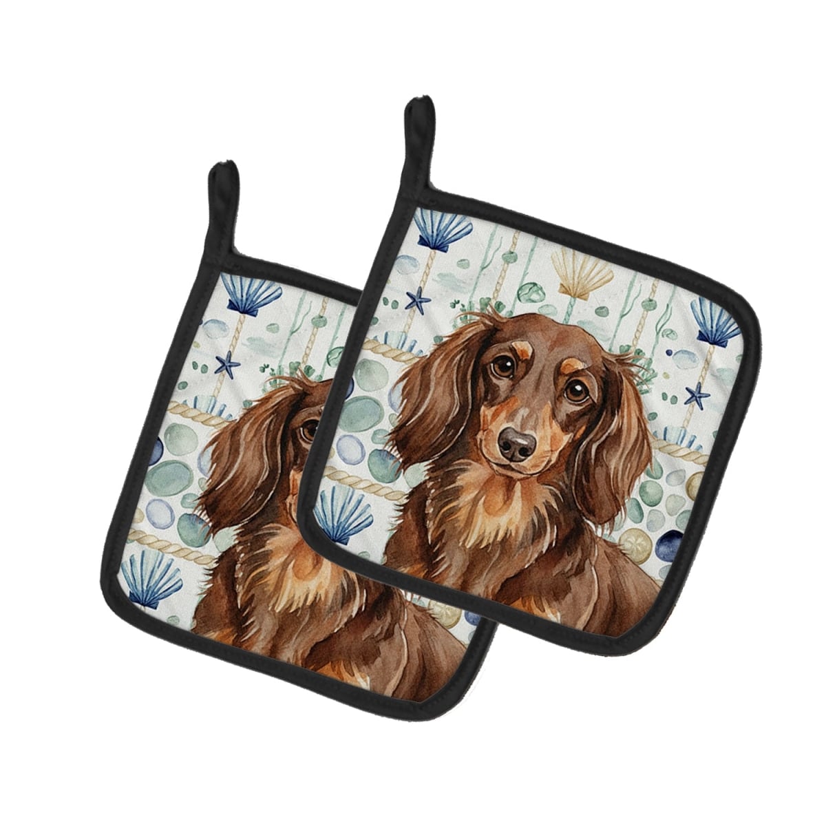 Picture of Carolines Treasures WDK6996PTHD 7.5 x 7.5 in. Longhaired Chocolate & Tan Dachshund Coastal Sea Glass Pair of Pot Holders