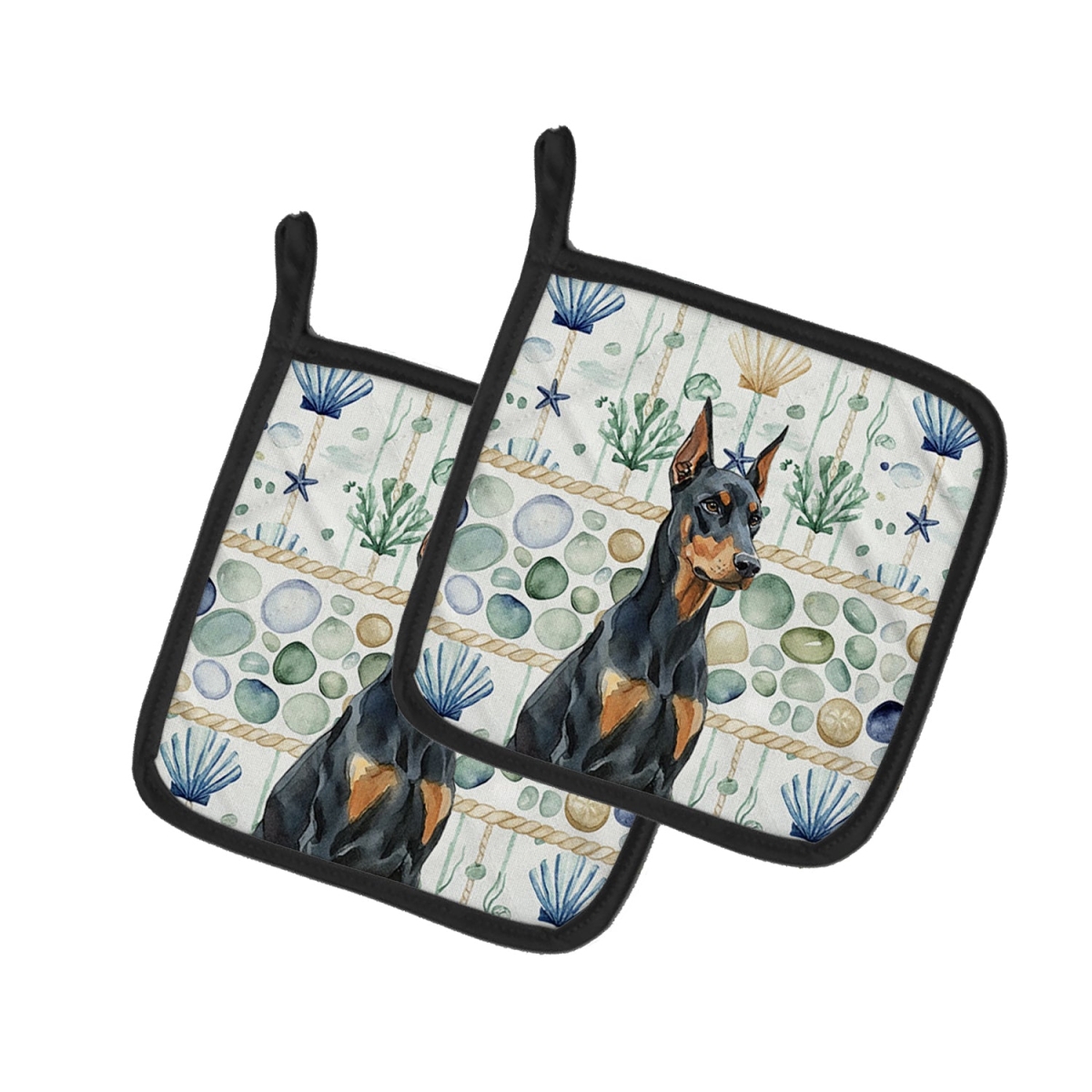 Picture of Carolines Treasures WDK7007PTHD 7.5 x 7.5 in. Doberman Pinscher Coastal Sea Glass Pair of Pot Holders