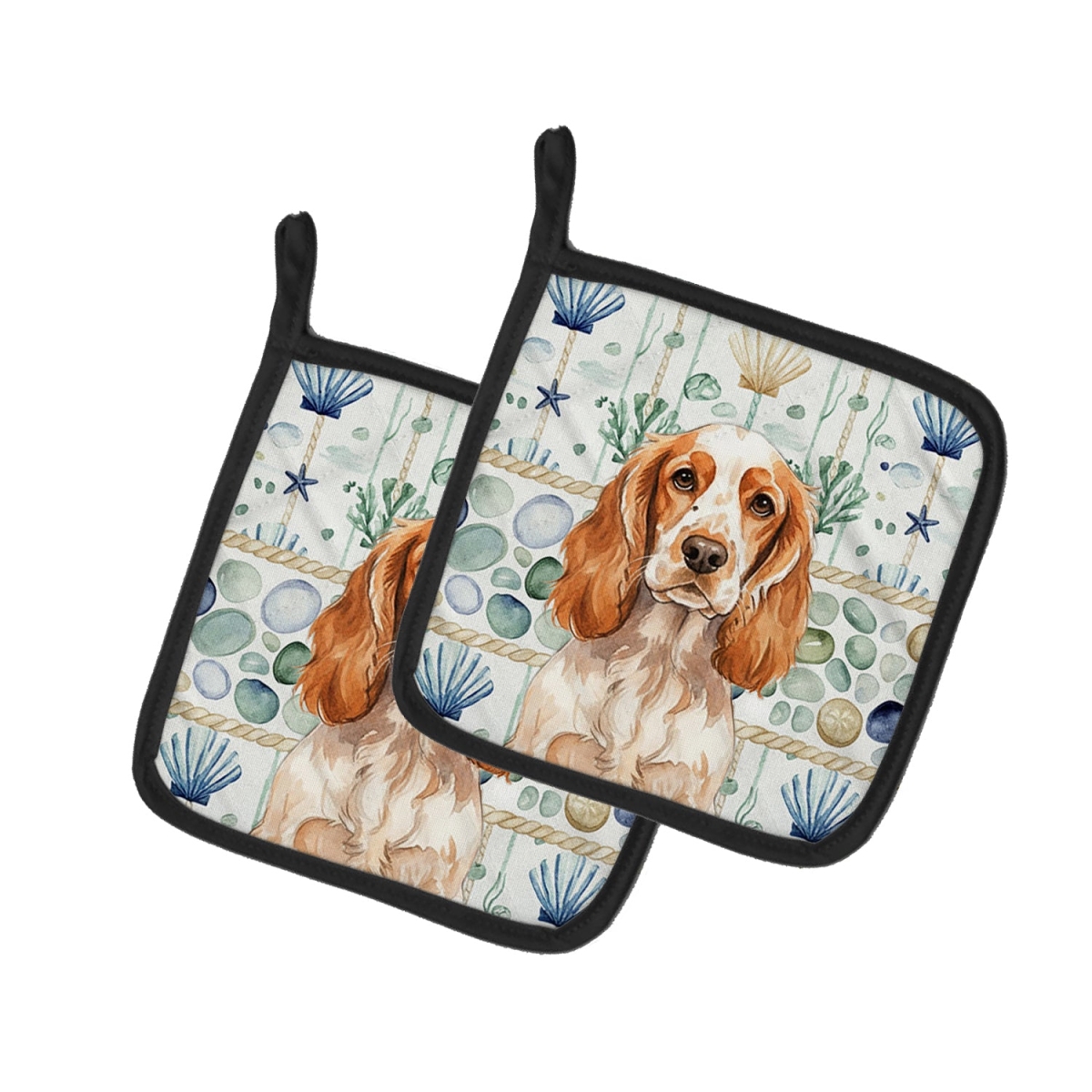 Picture of Carolines Treasures WDK7022PTHD 7.5 x 7.5 in. Orange Roan English Cocker Spaniel Coastal Sea Glass Pair of Pot Holders