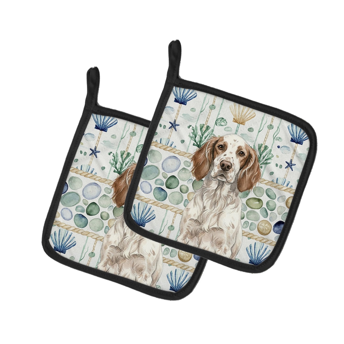 Picture of Carolines Treasures WDK7029PTHD 7.5 x 7.5 in. Liver Belton English Setter Coastal Sea Glass Pair of Pot Holders