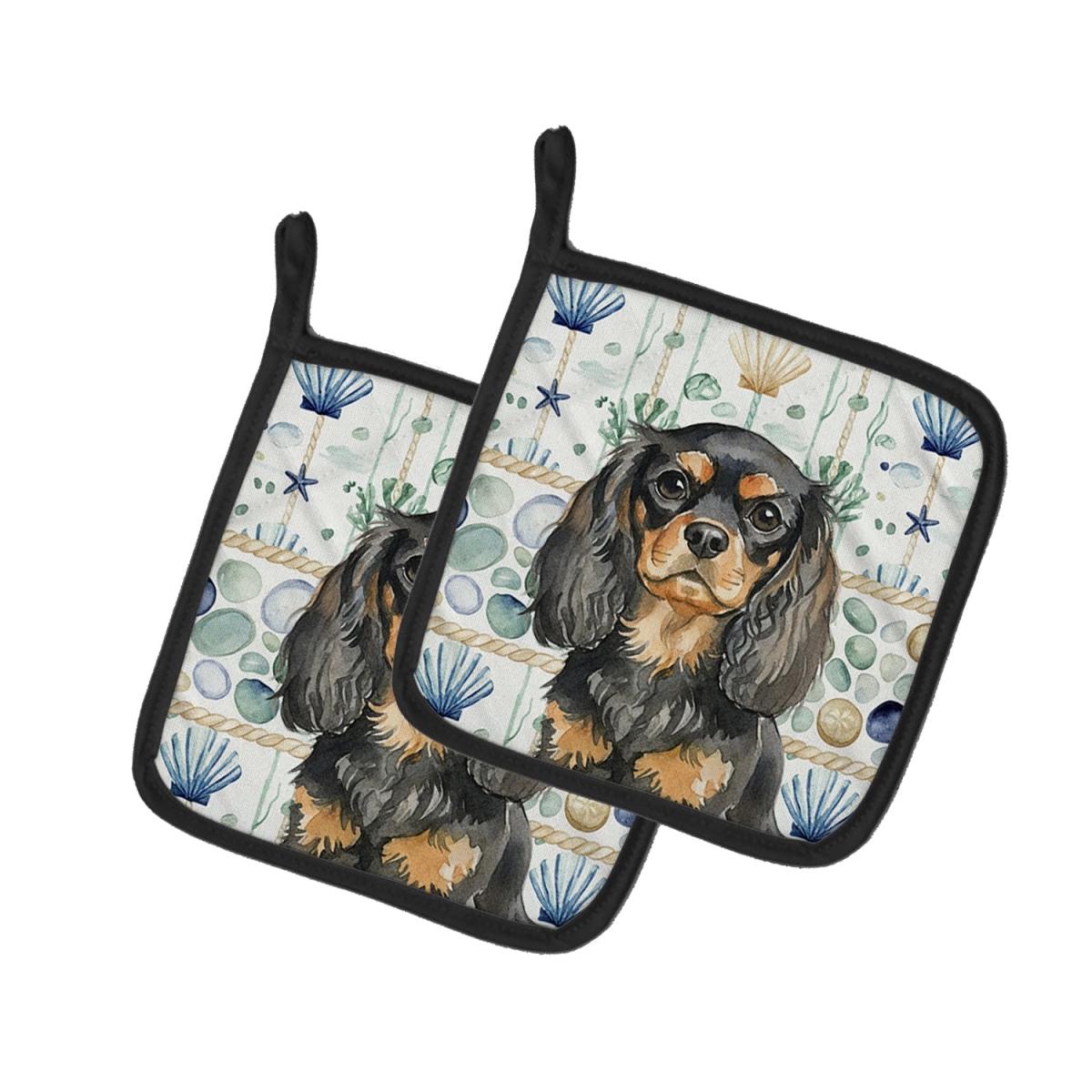 Picture of Carolines Treasures WDK7034PTHD 7.5 x 7.5 in. Black & Tan English Toy Spaniel Coastal Sea Glass Pair of Pot Holders