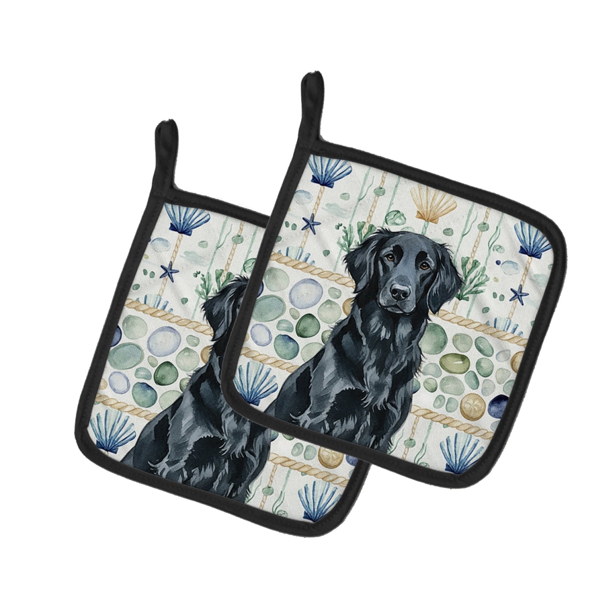 Picture of Carolines Treasures WDK7038PTHD 7.5 x 7.5 in. Black Flat-Coated Retriever Coastal Sea Glass Pair of Pot Holders