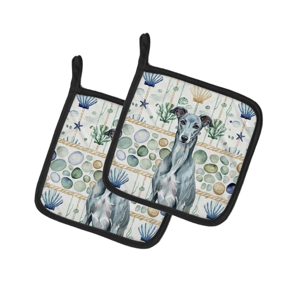 Picture of Carolines Treasures WDK7062PTHD 7.5 x 7.5 in. Blue Brindle Greyhound Coastal Sea Glass Pair of Pot Holders