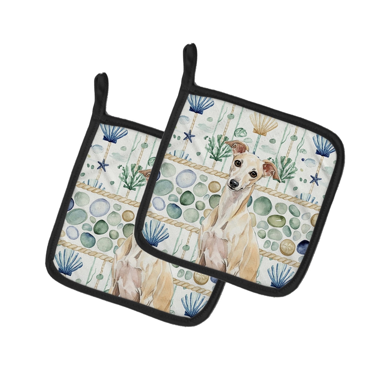Picture of Carolines Treasures WDK7079PTHD 7.5 x 7.5 in. Cream Italian Greyhound Coastal Sea Glass Pair of Pot Holders