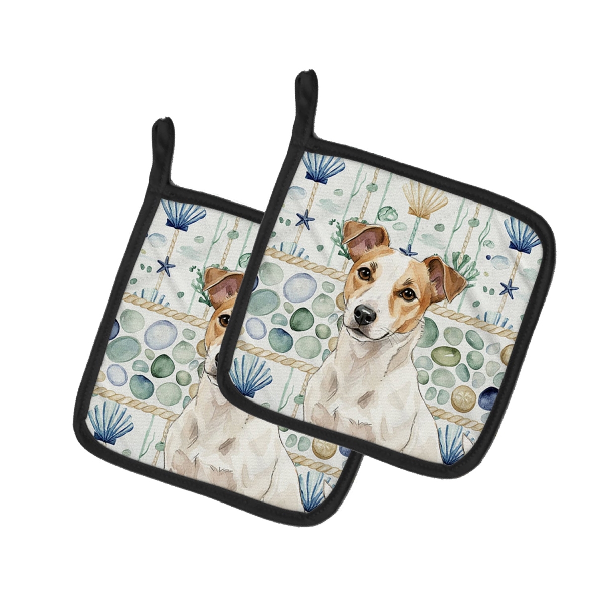 Picture of Carolines Treasures WDK7083PTHD 7.5 x 7.5 in. White & Tan Jack Russell Terrier Coastal Sea Glass Pair of Pot Holders