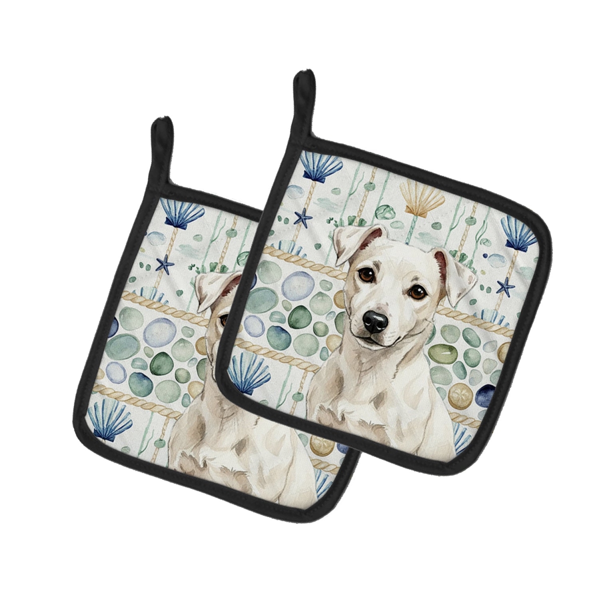 Picture of Carolines Treasures WDK7084PTHD 7.5 x 7.5 in. White Jack Russell Terrier Coastal Sea Glass Pair of Pot Holders
