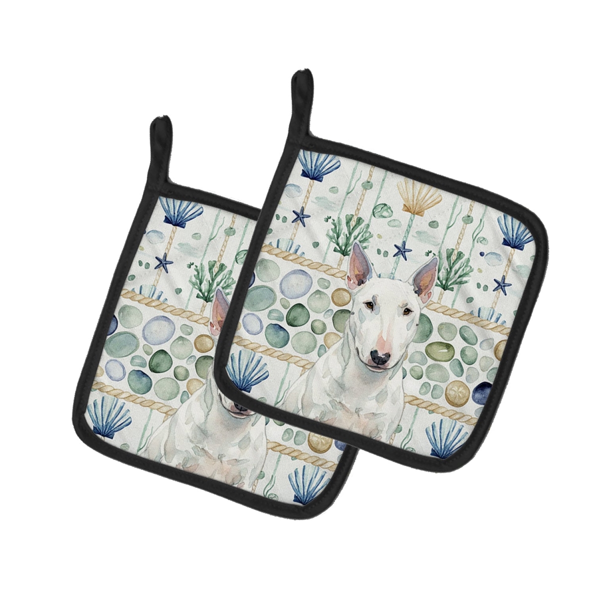 Picture of Carolines Treasures WDK7113PTHD 7.5 x 7.5 in. White Miniature Bull Terrier Coastal Sea Glass Pair of Pot Holders
