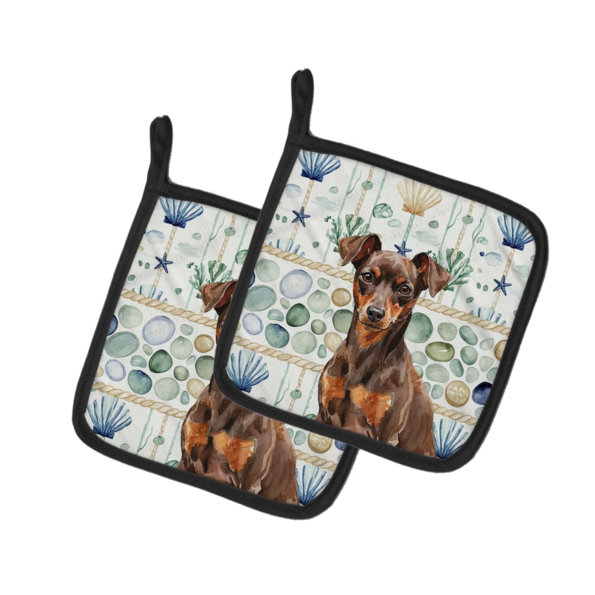 Picture of Carolines Treasures WDK7114PTHD 7.5 x 7.5 in. Chocolate & Rust Miniature Pinscher Min Pin Coastal Sea Glass Pair of Pot Holders