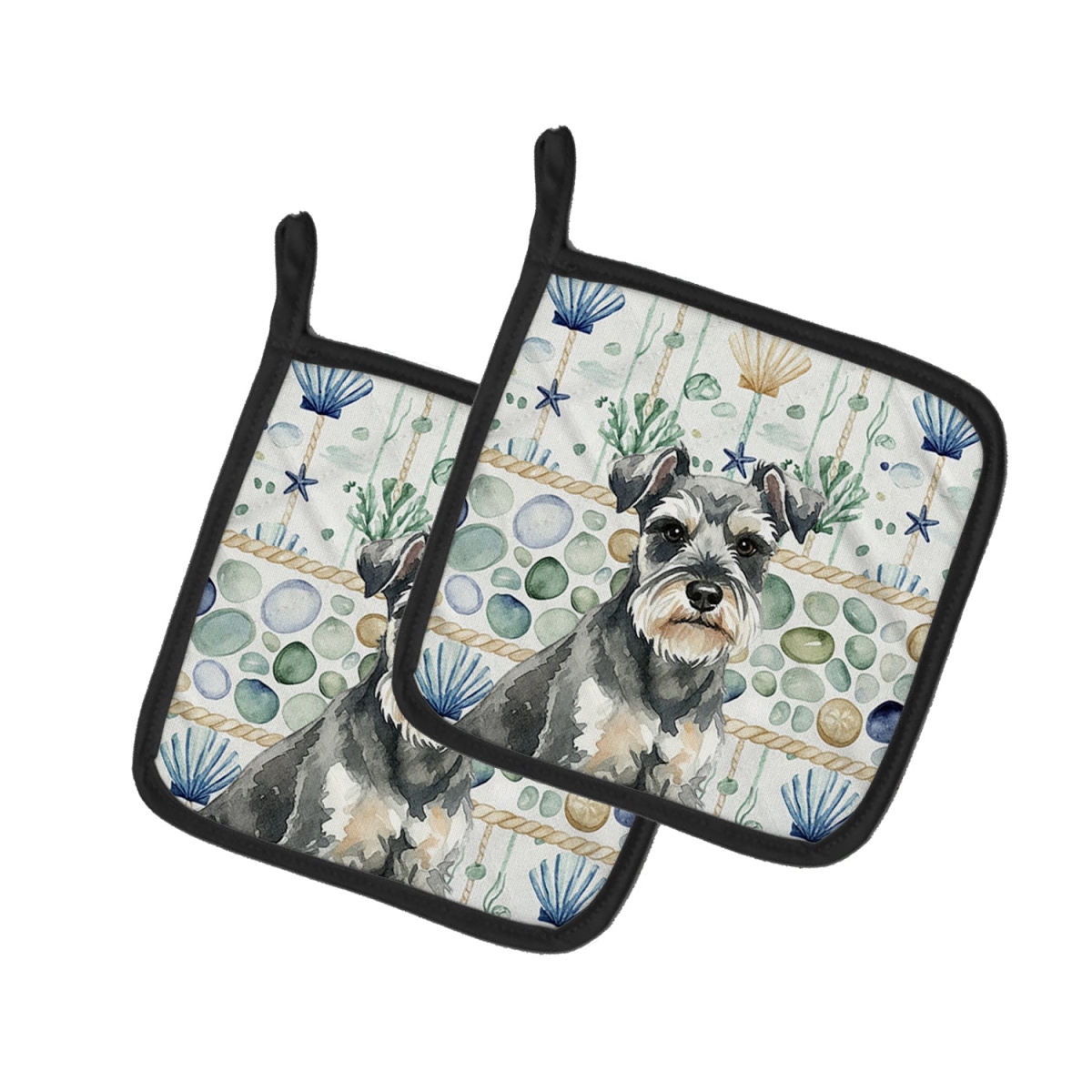 Picture of Carolines Treasures WDK7119PTHD 7.5 x 7.5 in. Miniature Schnauzer Coastal Sea Glass Pair of Pot Holders