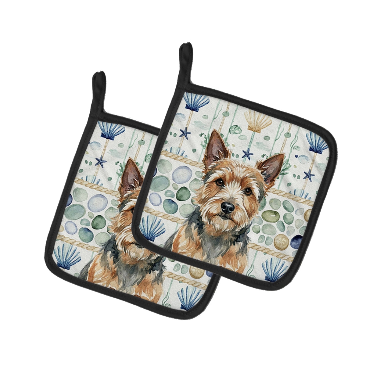 Picture of Carolines Treasures WDK7133PTHD 7.5 x 7.5 in. Norwich Terrier Coastal Sea Glass Pair of Pot Holders