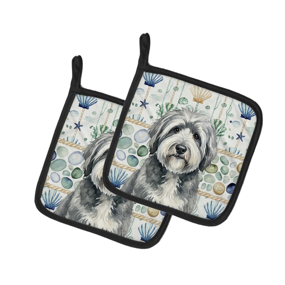Picture of Carolines Treasures WDK7137PTHD 7.5 x 7.5 in. Gray & White Old English Sheepdog Coastal Sea Glass Pair of Pot Holders