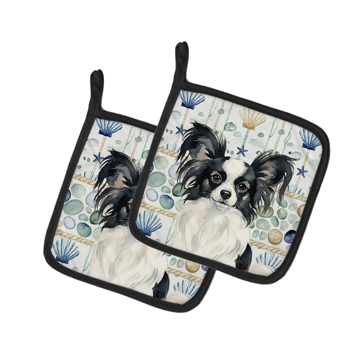 Picture of Carolines Treasures WDK7141PTHD 7.5 x 7.5 in. Black & White Papillon Coastal Sea Glass Pair of Pot Holders