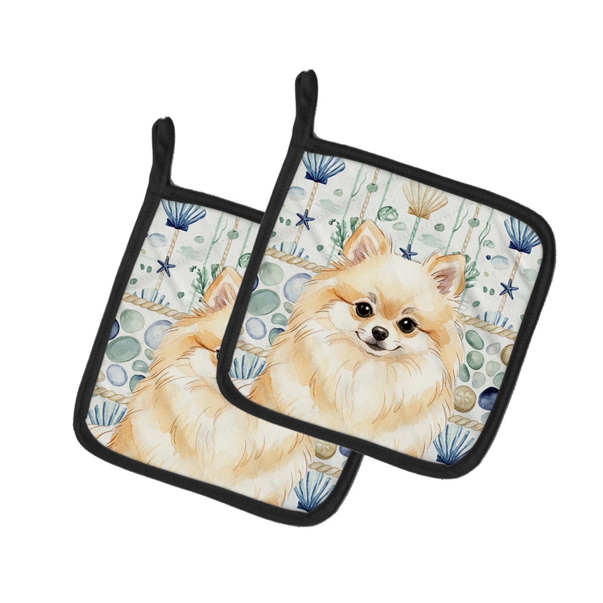 Picture of Carolines Treasures WDK7162PTHD 7.5 x 7.5 in. Cream Pomeranian Coastal Sea Glass Pair of Pot Holders