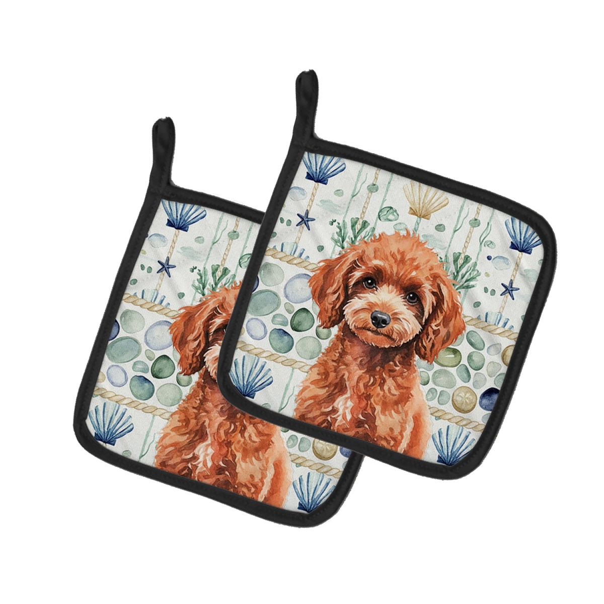 Picture of Carolines Treasures WDK7166PTHD 7.5 x 7.5 in. Miniature Red Poodle Coastal Sea Glass Pair of Pot Holders