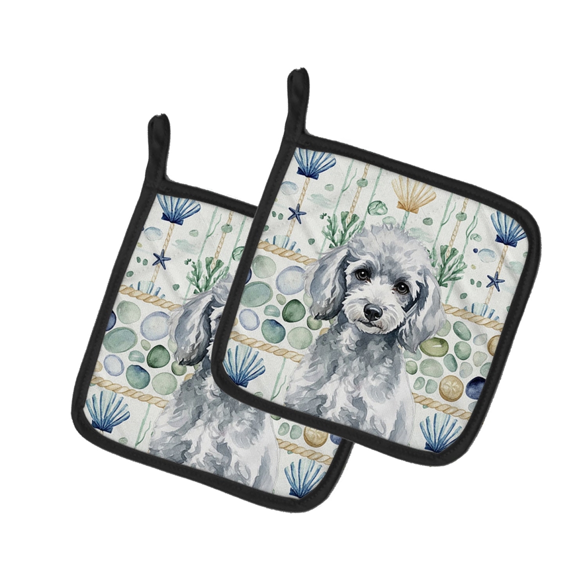 Picture of Carolines Treasures WDK7167PTHD 7.5 x 7.5 in. Miniature Silver Poodle Coastal Sea Glass Pair of Pot Holders