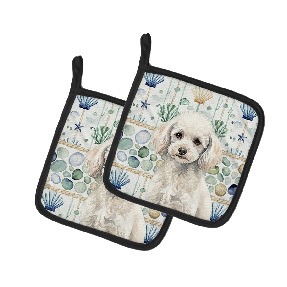 Picture of Carolines Treasures WDK7168PTHD 7.5 x 7.5 in. Miniature White Poodle Coastal Sea Glass Pair of Pot Holders