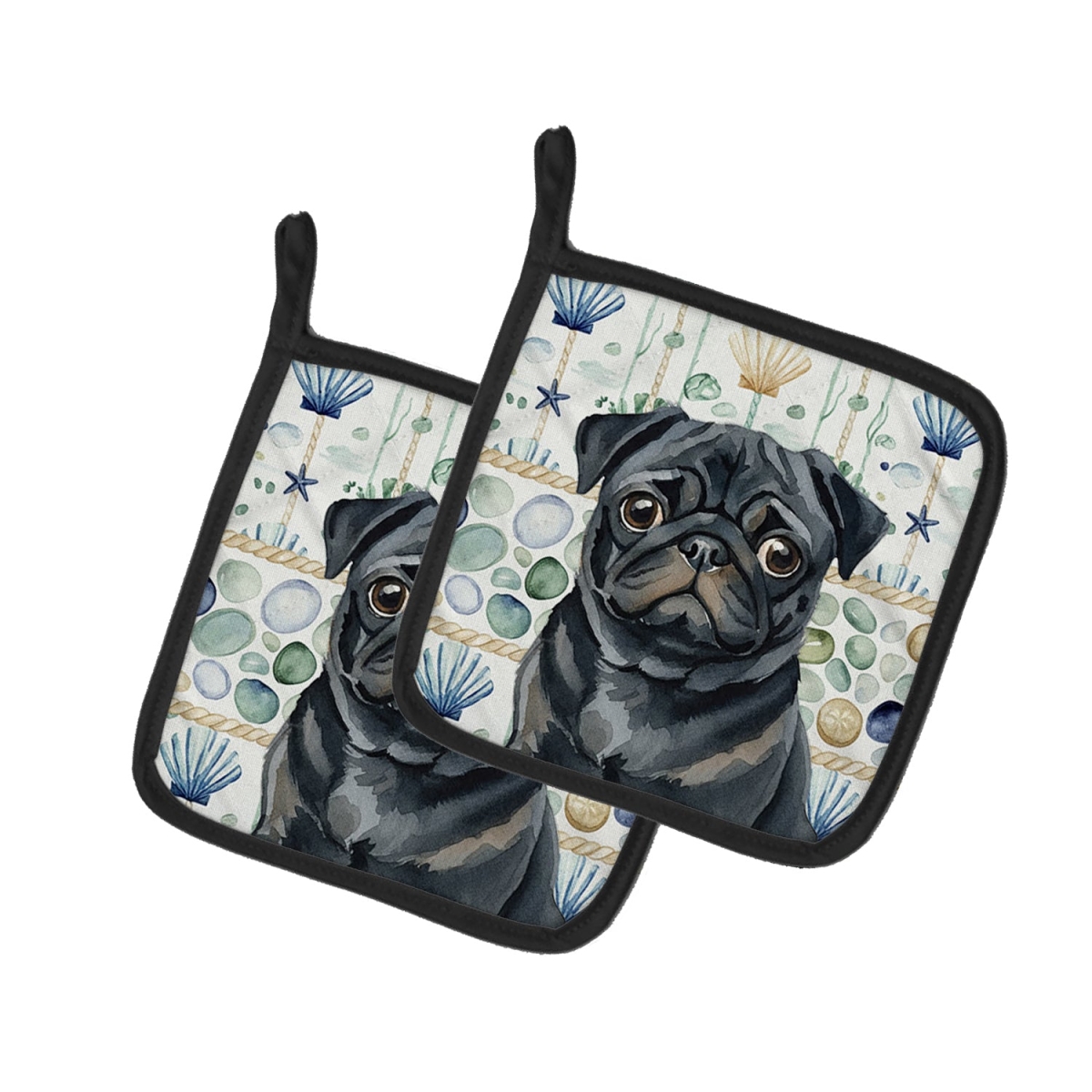 Picture of Carolines Treasures WDK7181PTHD 7.5 x 7.5 in. Black Pug Coastal Sea Glass Pair of Pot Holders