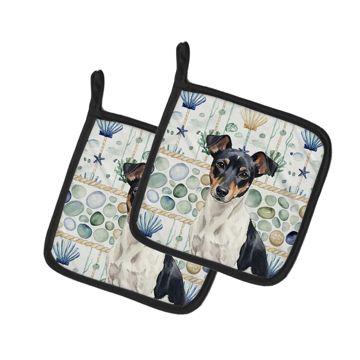 Picture of Carolines Treasures WDK7183PTHD 7.5 x 7.5 in. Black & White Rat Terrier Coastal Sea Glass Pair of Pot Holders