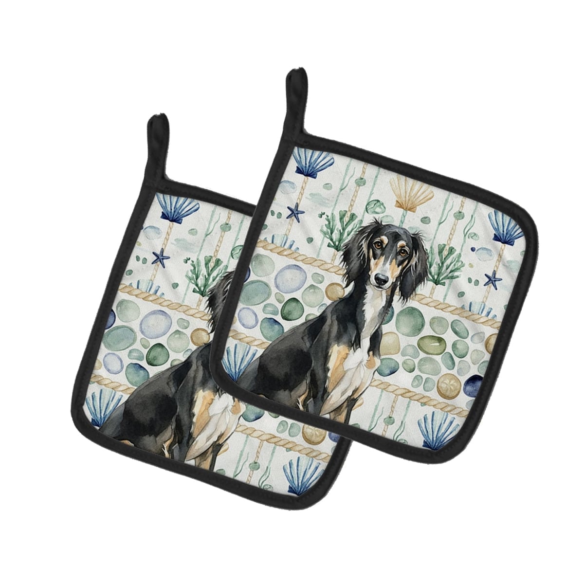Picture of Carolines Treasures WDK7194PTHD 7.5 x 7.5 in. Black & Tan Saluki Coastal Sea Glass Pair of Pot Holders