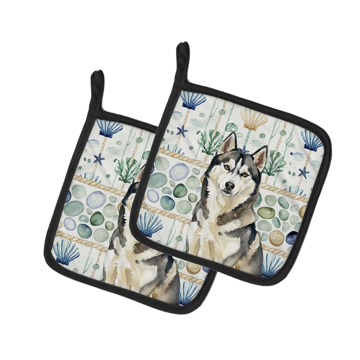 Picture of Carolines Treasures WDK7220PTHD 7.5 x 7.5 in. Agouti Siberian Husky Coastal Sea Glass Pair of Pot Holders