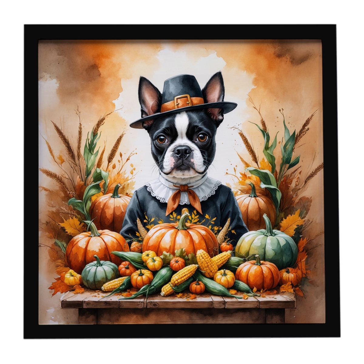 DAC8303MFP88 8 x 8 in. Boston Terrier Thanksgiving Framed Metal Print