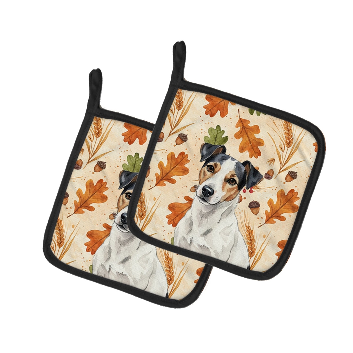Picture of Carolines Treasures WDK7989PTHD 7.5 x 7.5 in. White with Black Markings Russell Terrier Heirloom Fall Pair of Pot Holders