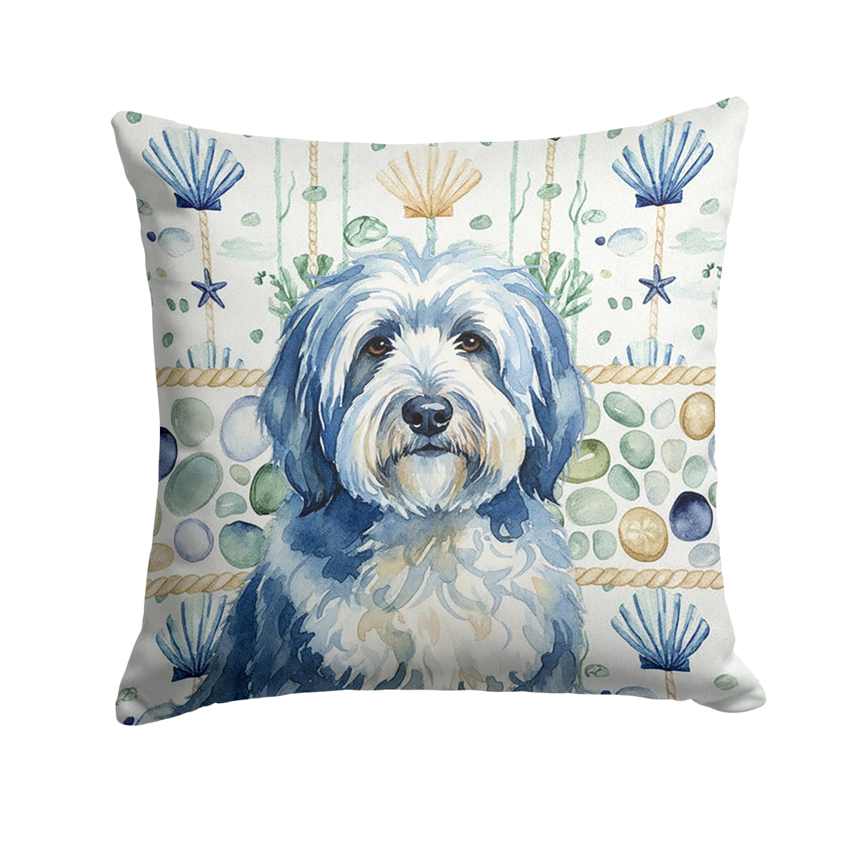 WDK7136PW1414 14 x 14 in. Blue & White Old English Sheepdog Coastal Sea Glass Throw Pillow