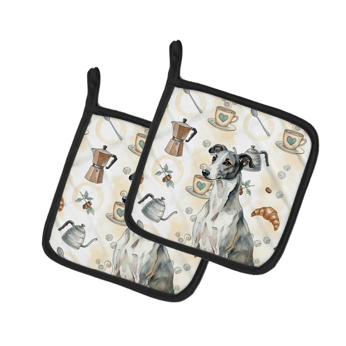 Picture of Carolines Treasures WDK7460PTHD 7.5 x 7.5 in. Black & White Greyhound Coffee Bar Pair of Pot Holders