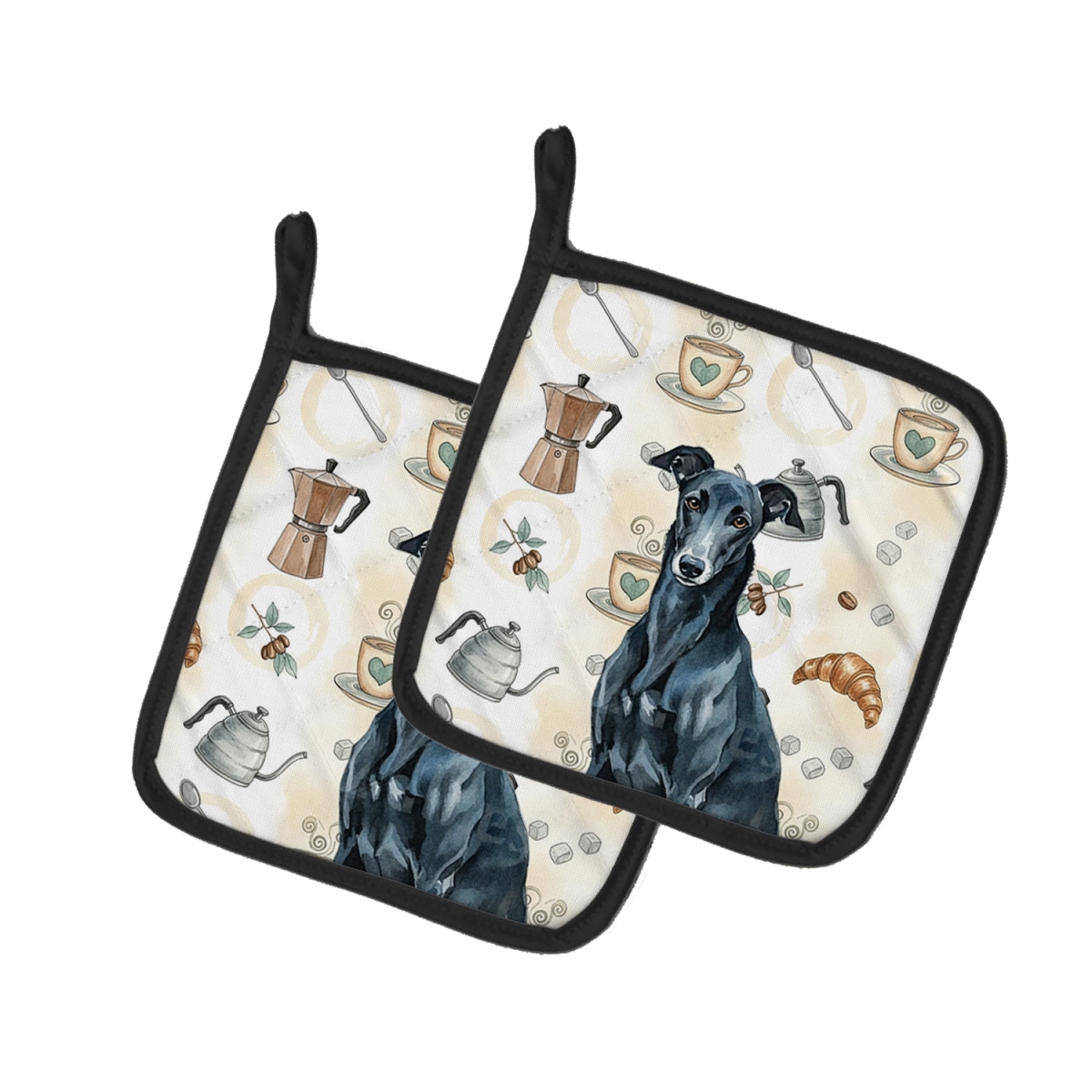 Picture of Carolines Treasures WDK7461PTHD 7.5 x 7.5 in. Black Greyhound Coffee Bar Pair of Pot Holders