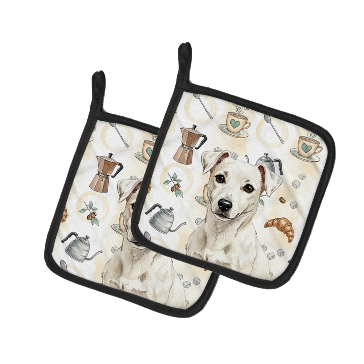 Picture of Carolines Treasures WDK7484PTHD 7.5 x 7.5 in. White Jack Russell Terrier Coffee Bar Pair of Pot Holders