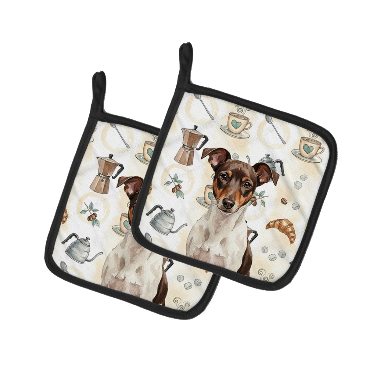 Picture of Carolines Treasures WDK7584PTHD 7.5 x 7.5 in. Chocolate & White Rat Terrier Coffee Bar Pair of Pot Holders
