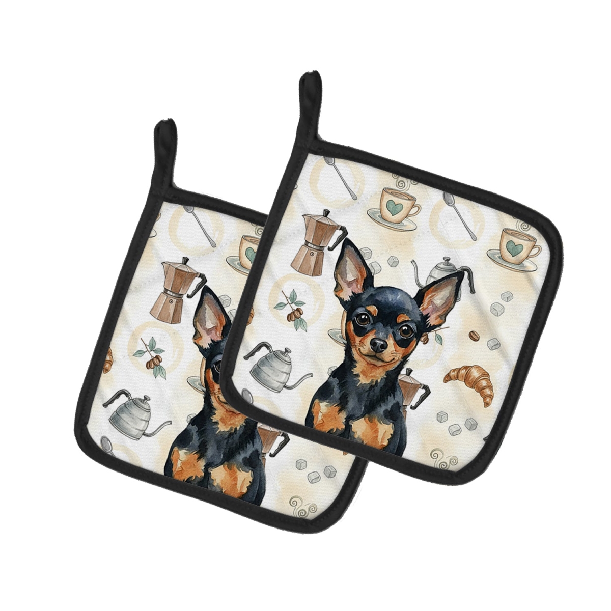 Picture of Carolines Treasures WDK7591PTHD 7.5 x 7.5 in. Black & Tan Russian Toy Coffee Bar Pair of Pot Holders