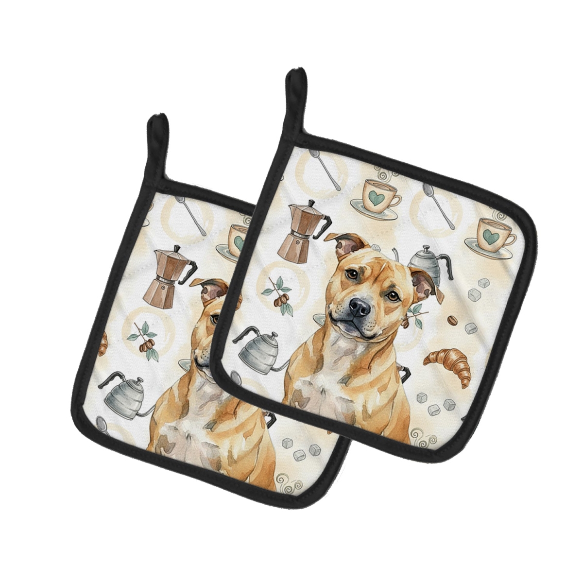 Picture of Carolines Treasures WDK7630PTHD 7.5 x 7.5 in. Fawn Staffordshire Bull Terrier Coffee Bar Pair of Pot Holders