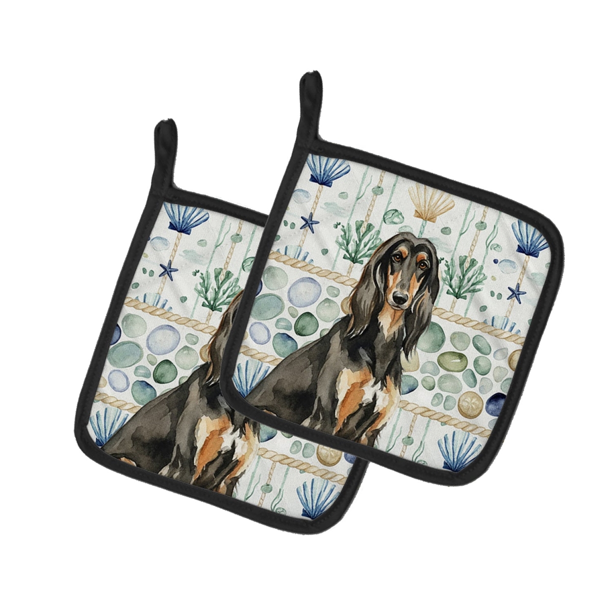 Picture of Carolines Treasures WDK6865PTHD 7.5 x 7.5 in. Black & Tan Afghan Hound Coastal Sea Glass Pair of Pot Holders