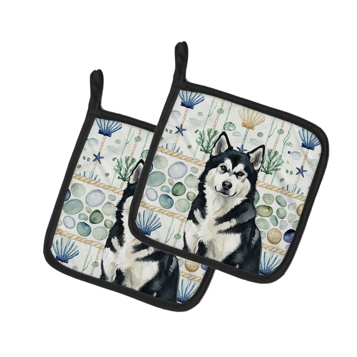 Picture of Carolines Treasures WDK6873PTHD 7.5 x 7.5 in. Black & White Alaskan Malamute Coastal Sea Glass Pair of Pot Holders