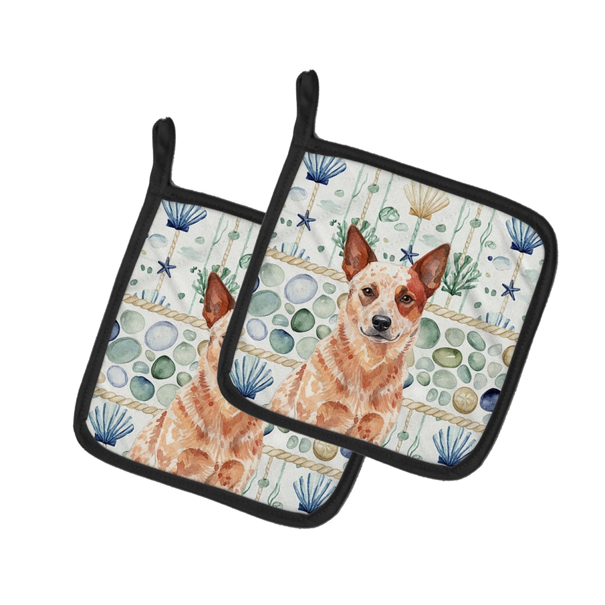 Picture of Carolines Treasures WDK6888PTHD 7.5 x 7.5 in. Red Heeler Australian Cattle Dog Coastal Sea Glass Pair of Pot Holders