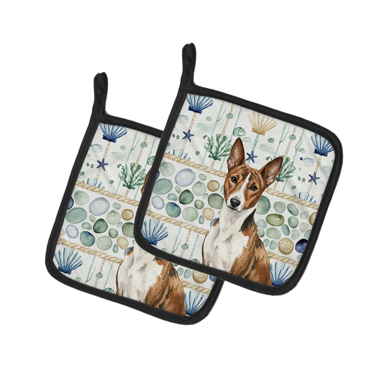 Picture of Carolines Treasures WDK6893PTHD 7.5 x 7.5 in. Brindle & White Basenji Coastal Sea Glass Pair of Pot Holders