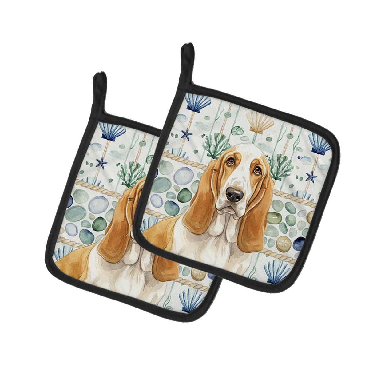 Picture of Carolines Treasures WDK6896PTHD 7.5 x 7.5 in. Lemon & White Basset Hound Coastal Sea Glass Pair of Pot Holders