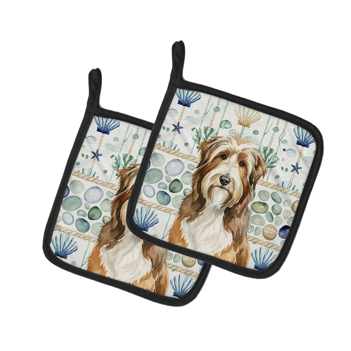 Picture of Carolines Treasures WDK6902PTHD 7.5 x 7.5 in. Brown Bearded Collie Coastal Sea Glass Pair of Pot Holders